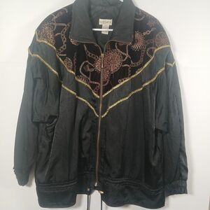 Vintage Lady Lavon Black Windbreaker Jacket Women XL Gold Embroidered Velvet 90s